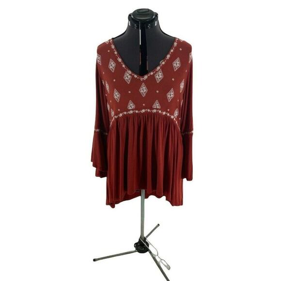 Torrid Top Women Size 2X Boho OrangeLong Bell Sleeves Embroidered Diamond V-Neck - Picture 3 of 10